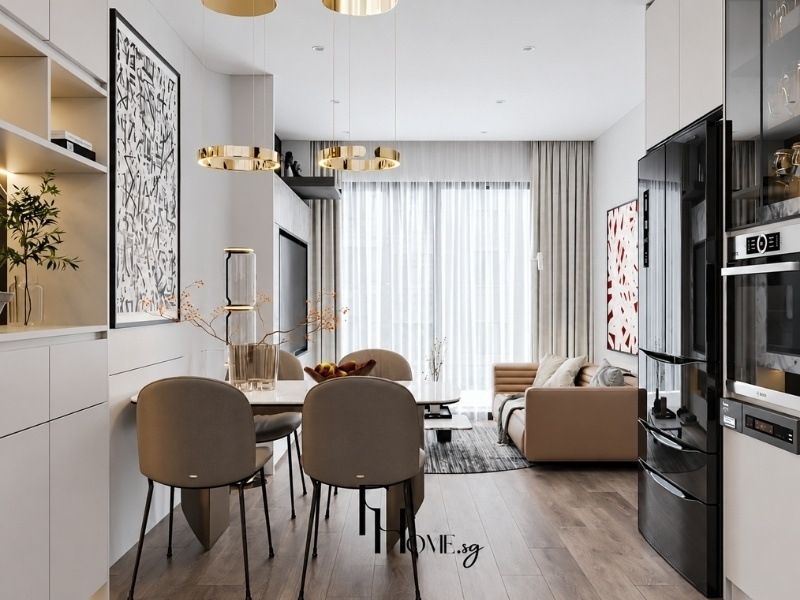 Thiết kế phòng khách liền bếp căn hộ chung cư 60m2 hiện đại sang trọng