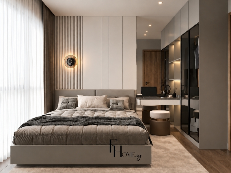 Thiết kế phòng ngủ Master căn hộ chung cư 60m2 2 phòng ngủ tủ cánh kính
