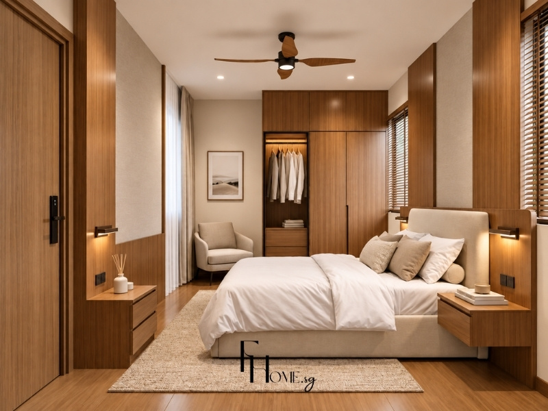 Thiết kế phòng ngủ căn hộ chung cư 60m2 phong cách Japandi với nội thất gỗ mộc