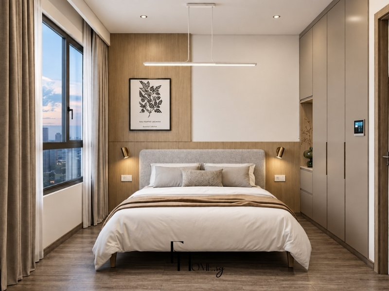 Thiết kế phòng ngủ căn hộ chung cư 60m2 phong cách tối giản với tủ kịch trần phẳng