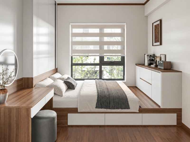 Thiết kế phòng ngủ nhỏ căn hộ chung cư 60m2 giường bục thông minh tích hợp hộc kéo