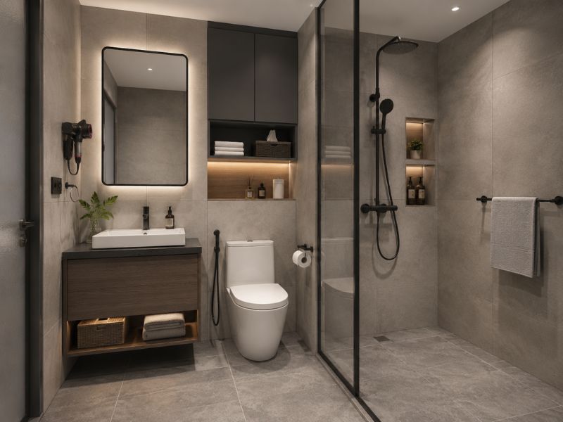 Thiết kế phòng tắm chung cư 60m2 với gạch xám, tủ lavabo gỗ và vách kính