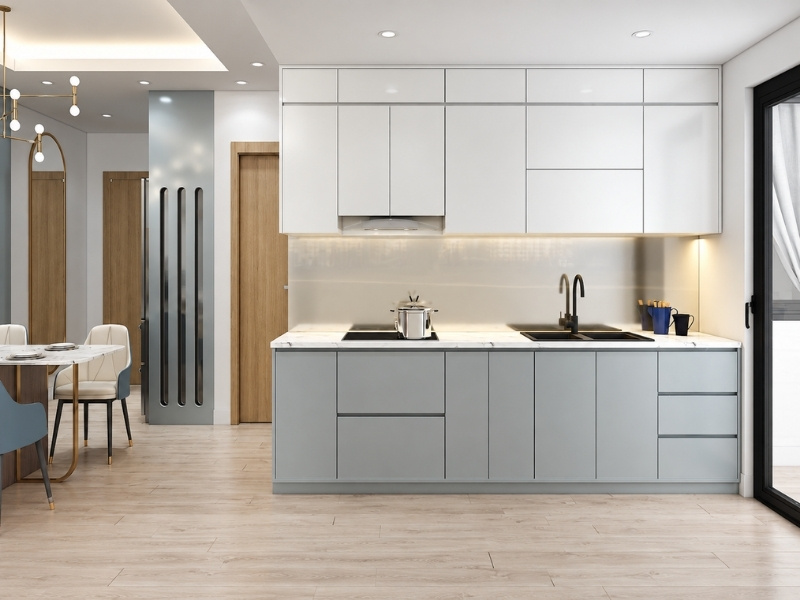 Tủ bếp chữ I kịch trần căn hộ chung cư 60m2 thi công gỗ công nghiệp chống ẩm bền bỉ