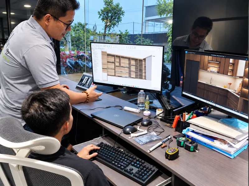 Đội ngũ kỹ thuật Fhome Sài Gòn đang thiết kế nội thất phòng khách chung cư