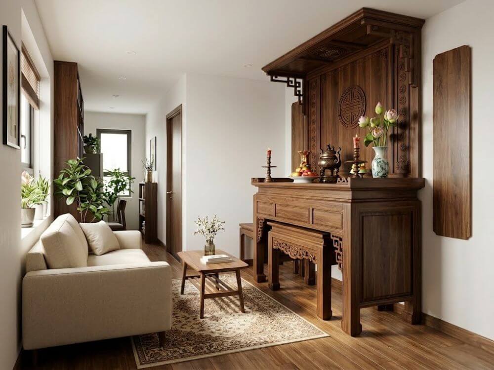 Mẫu thiết kế bàn thờ phòng khách 25m2