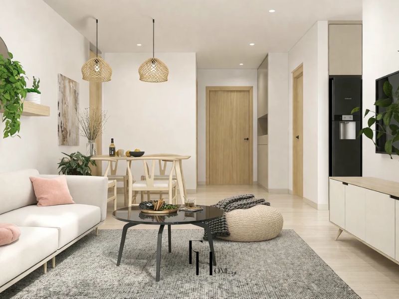Phòng khách chung cư 45m2 phong cách Scandinavian, sofa trắng kem, đèn mây đan và bàn ăn gỗ sồi sáng 