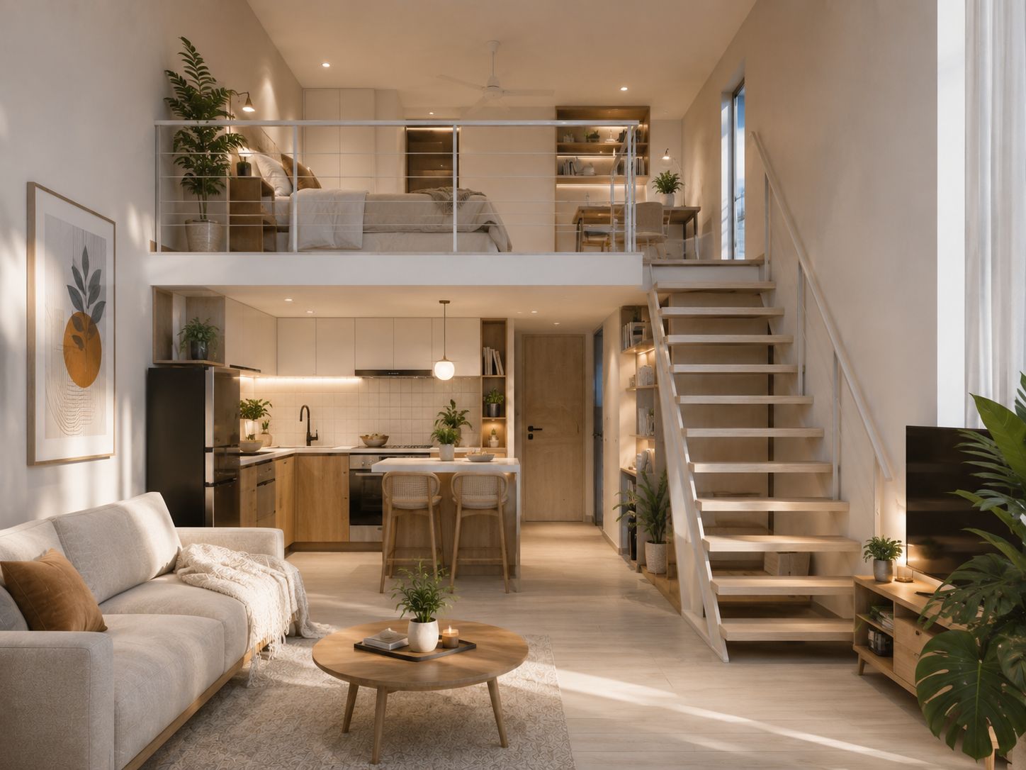 Nội thất căn hộ mini có gác lửng tone trắng be với cầu thang gọn nhẹ