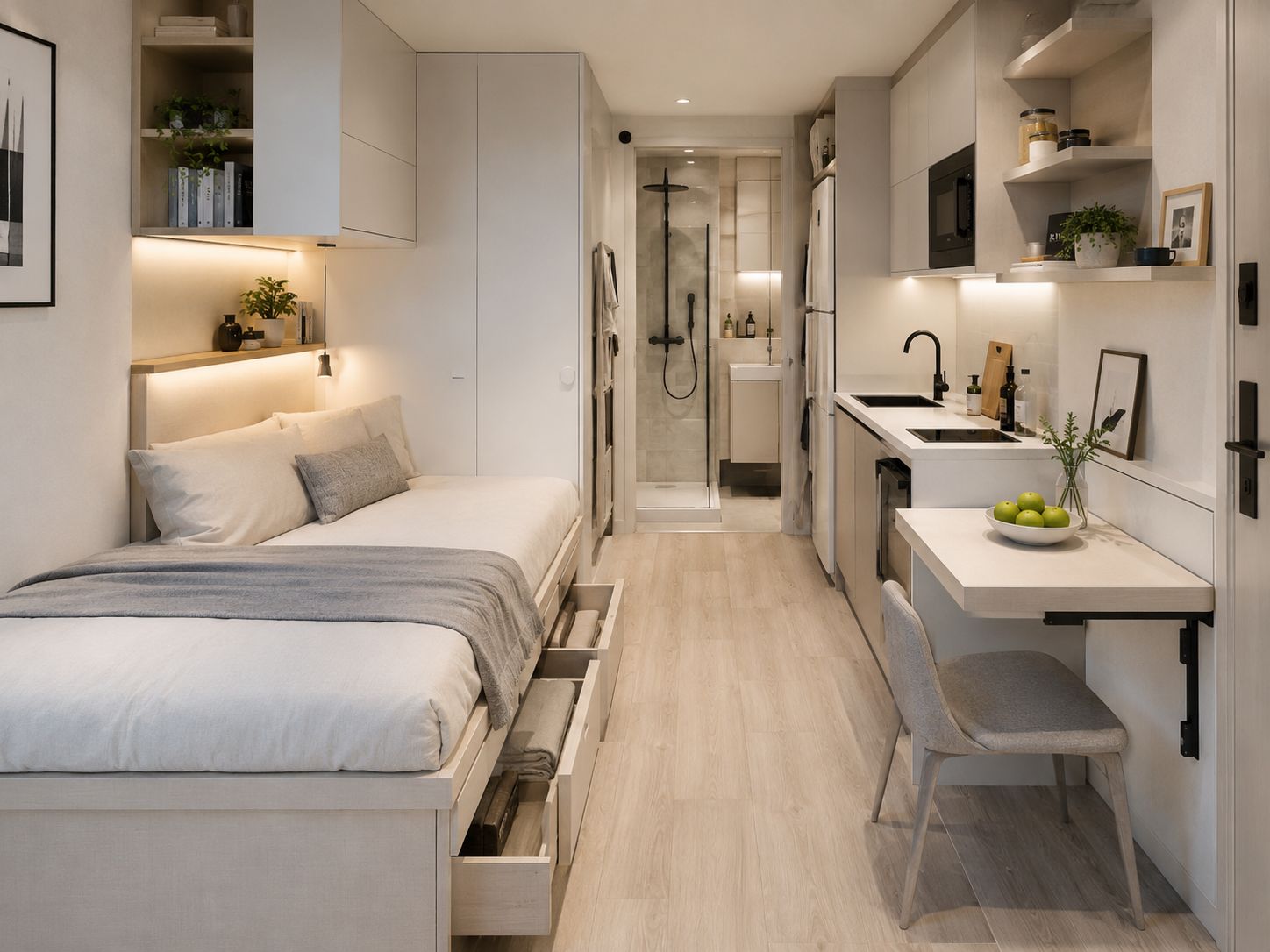 Nội thất chung cư mini 15m2 tông trắng be xám nhạt cho cảm giác rộng hơn