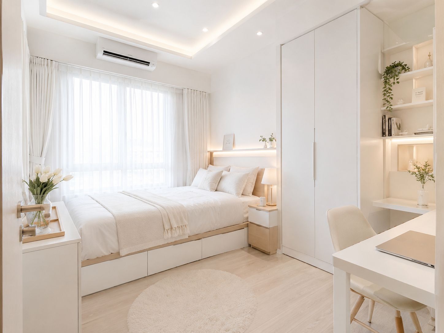 Nội thất phòng ngủ chung cư cho người độc thân tone trắng tinh khôi