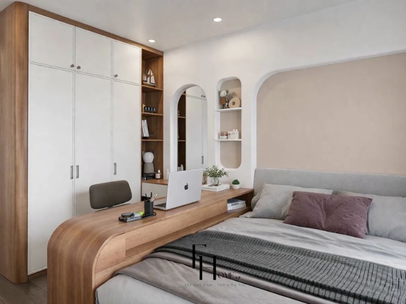 Nội thất phòng ngủ chung cư nhỏ phong cách Wabi Sabi trầm ấm, thư thái
