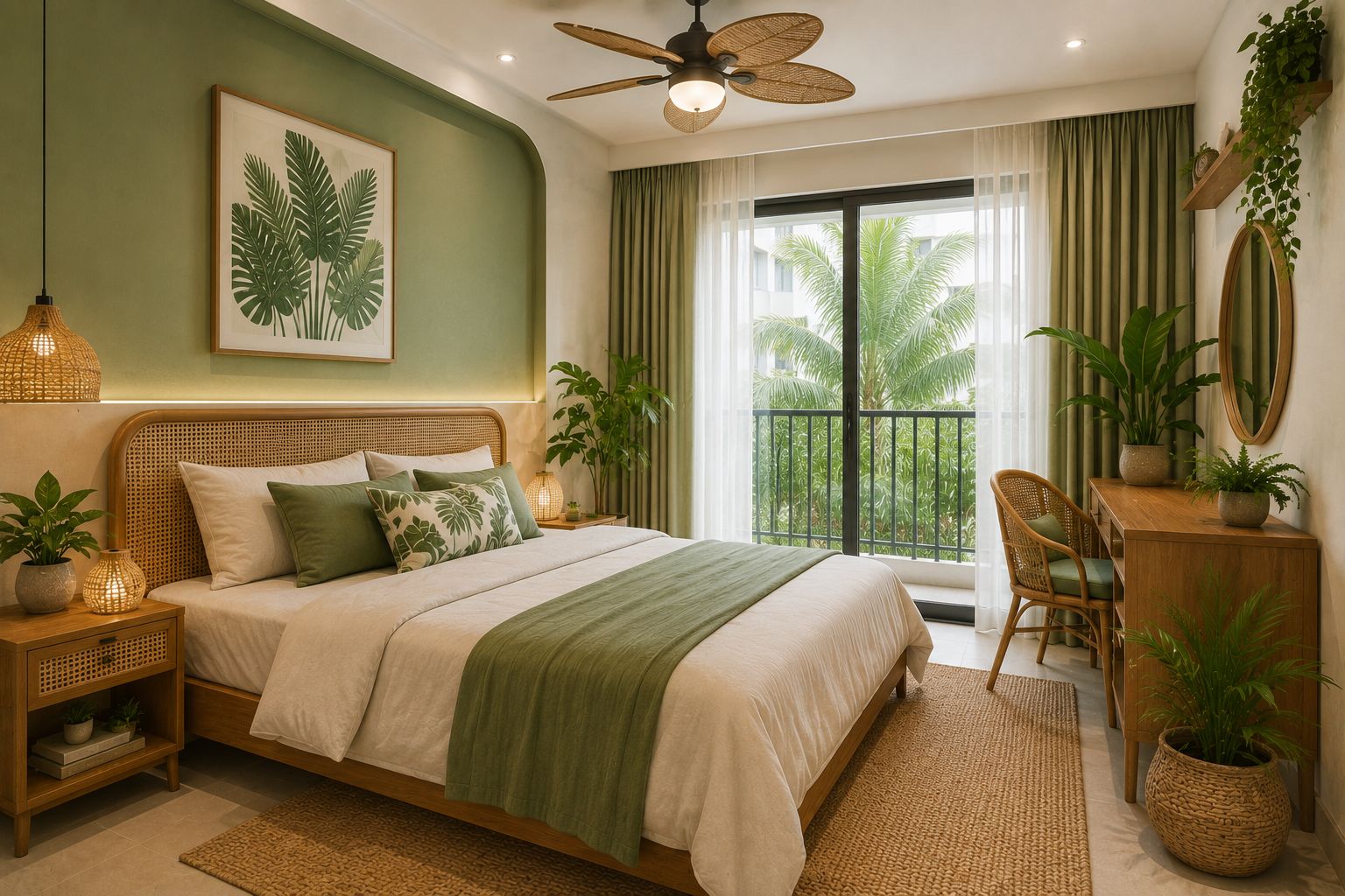 Nội thất phòng ngủ phong cách Tropical tone xanh lá kết hợp gỗ tự nhiên