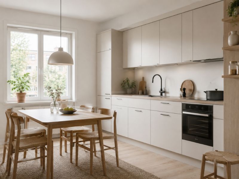 phòng bếp chung cư 60m2 phong cách Bắc Âu