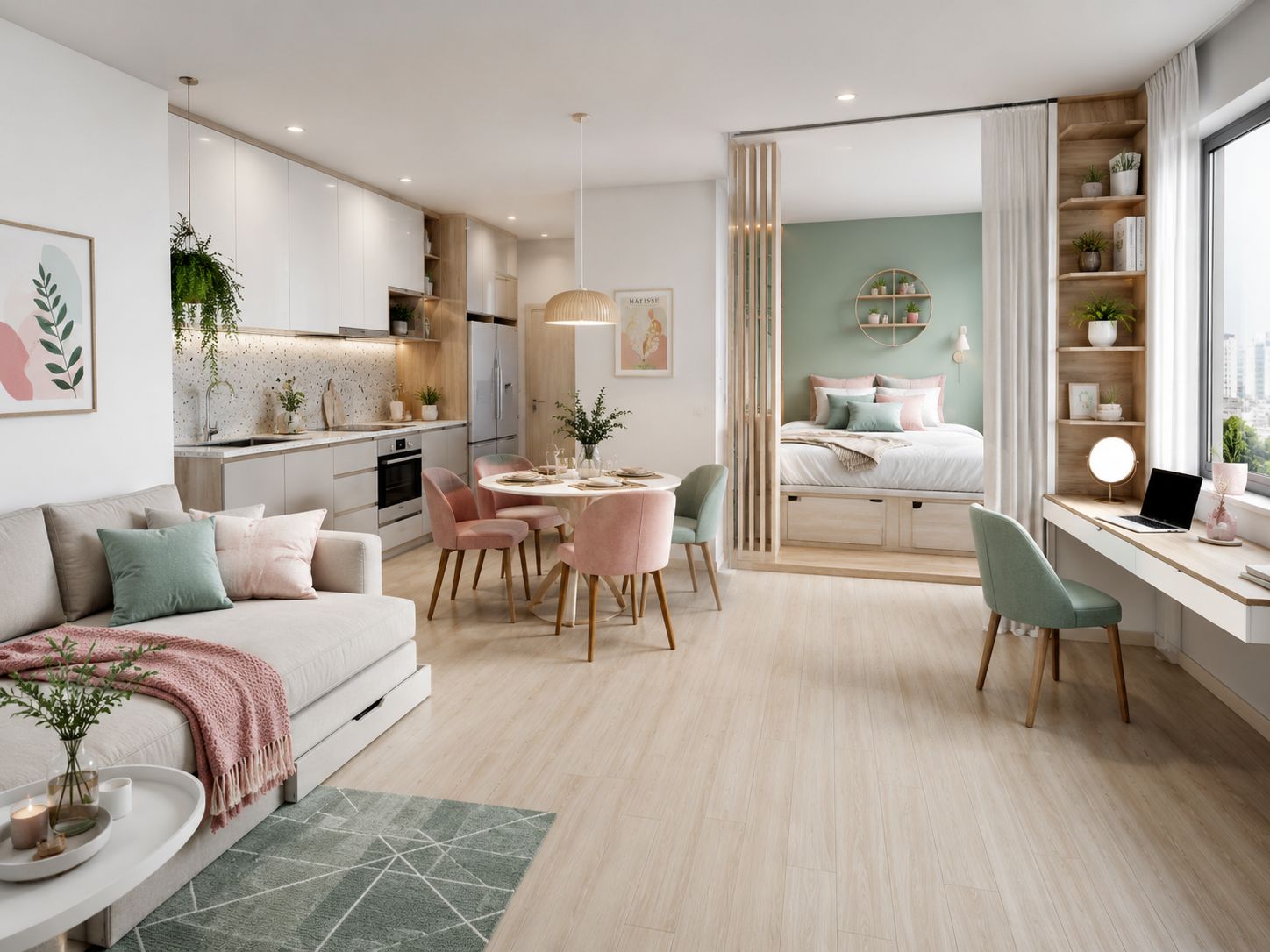 Mẫu nội thất chung cư mini 40m2 với giường hộc tủ và bàn trang điểm kiêm làm việc