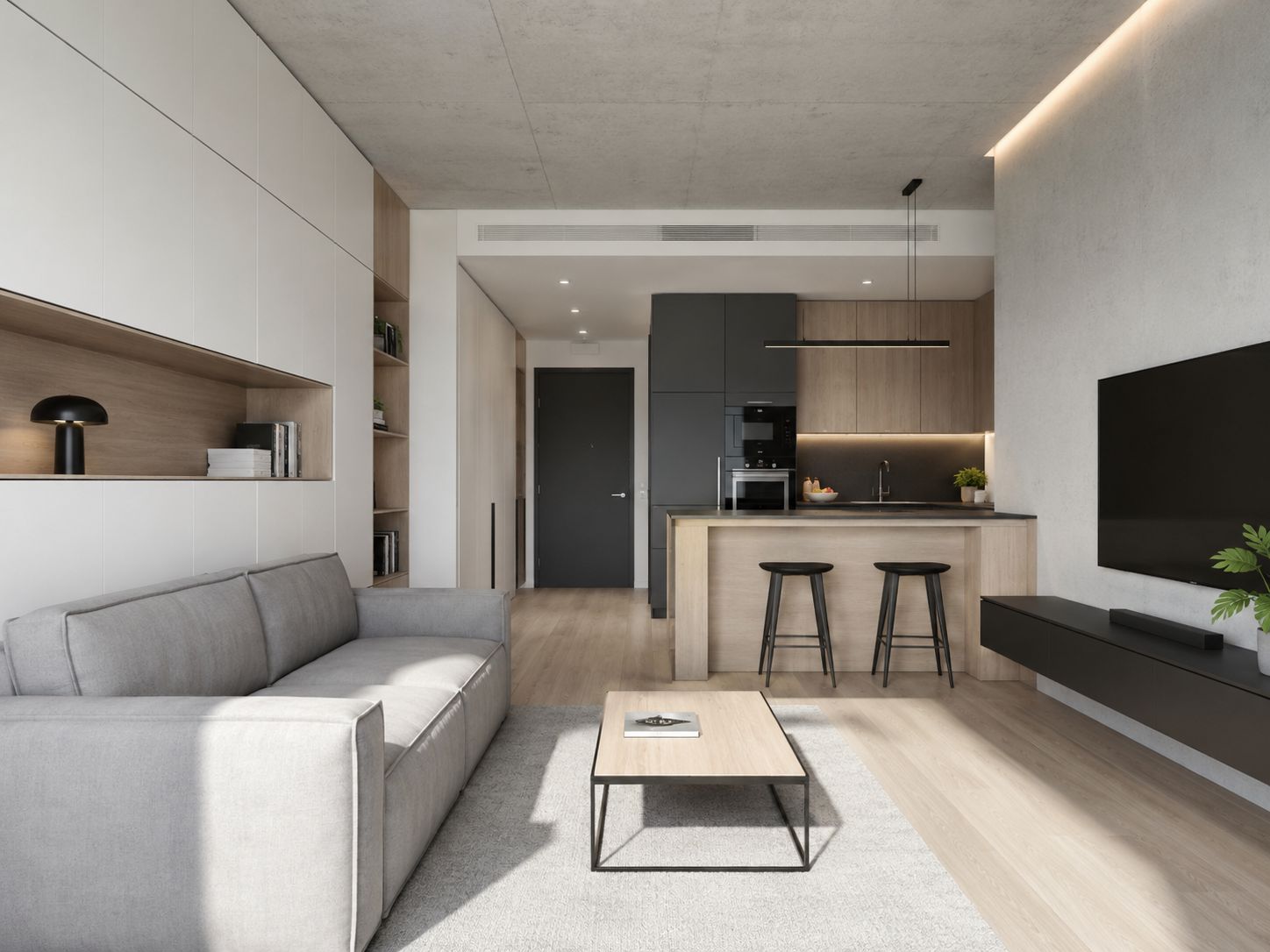 Thiết kế nội thất căn hộ chung cư nhỏ tối giản với tủ âm tường và sofa giường