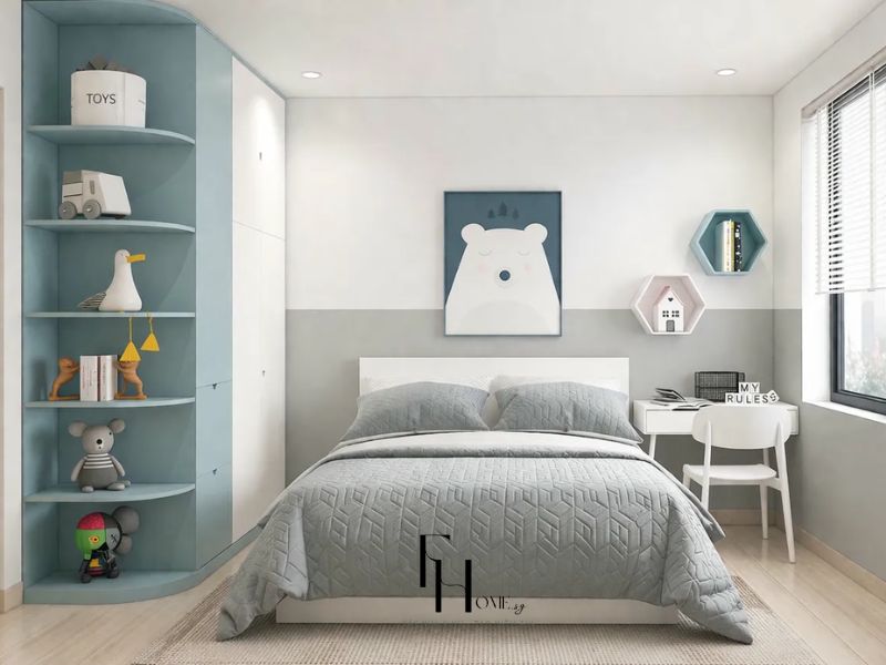 Phòng ngủ chung cư 45m2 phong cách Scandinavian, kệ bo cong xanh phấn, tủ quần áo tích hợp và bàn học trắng