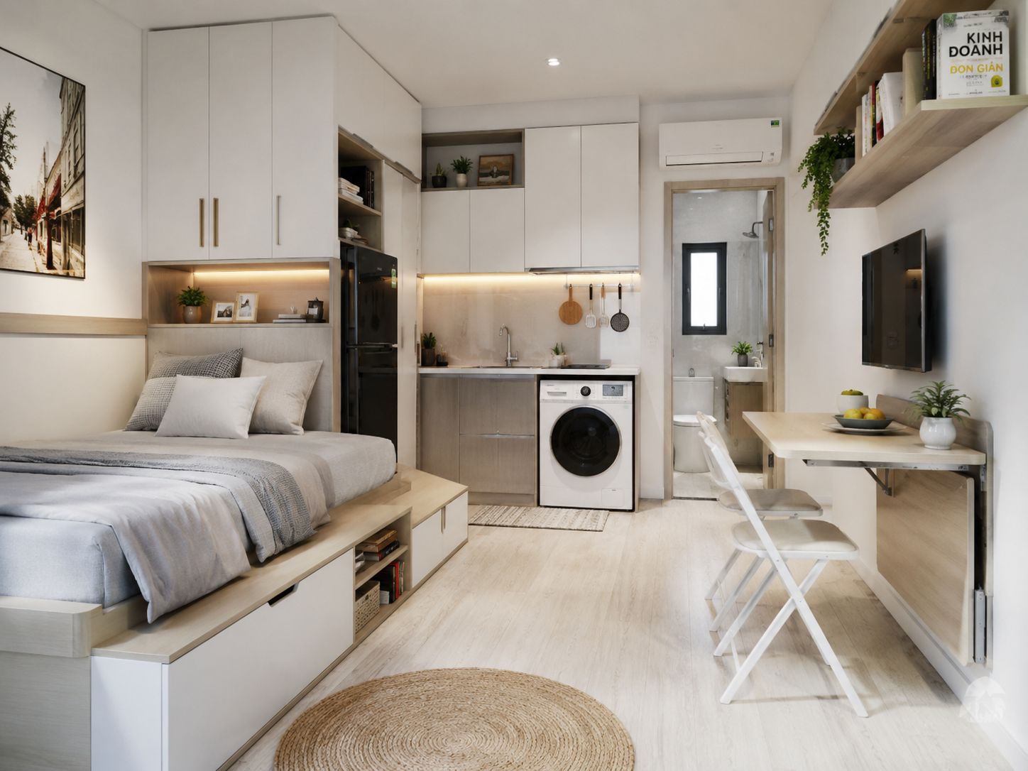 Thiết kế nội thất chung cư mini 15m2 tích hợp khu ngủ, bếp và lưu trữ