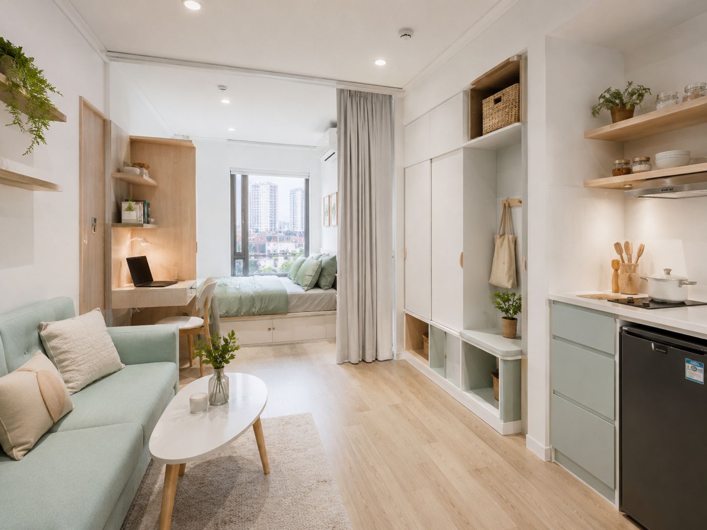 Thiết kế nội thất chung cư mini 20m2 tông trắng pastel thoáng mát, hiện đại