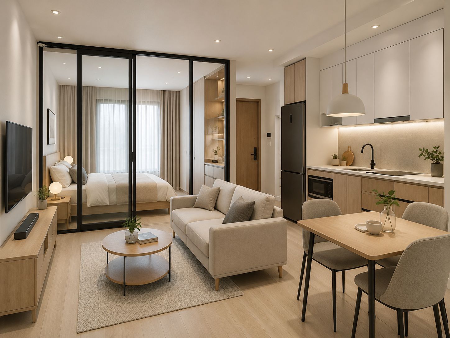 Thiết kế nội thất chung cư nhỏ một phòng ngủ ngăn cách bằng cửa trượt