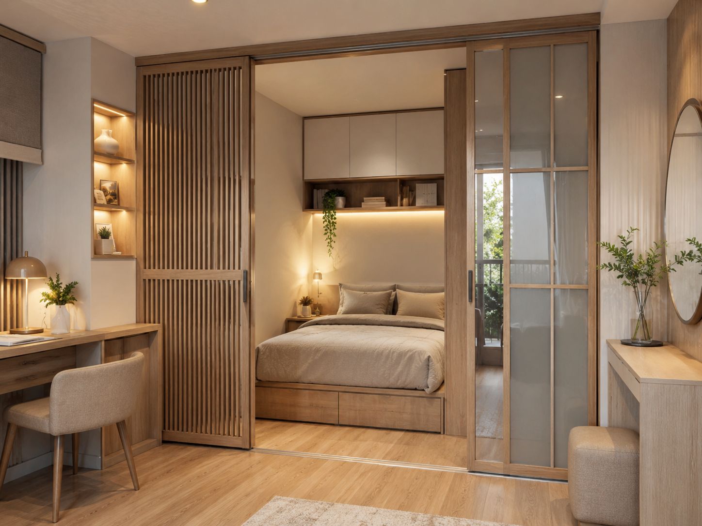 Thiết kế nội thất chung cư nhỏ với cửa trượt gỗ phong cách Scandinavian