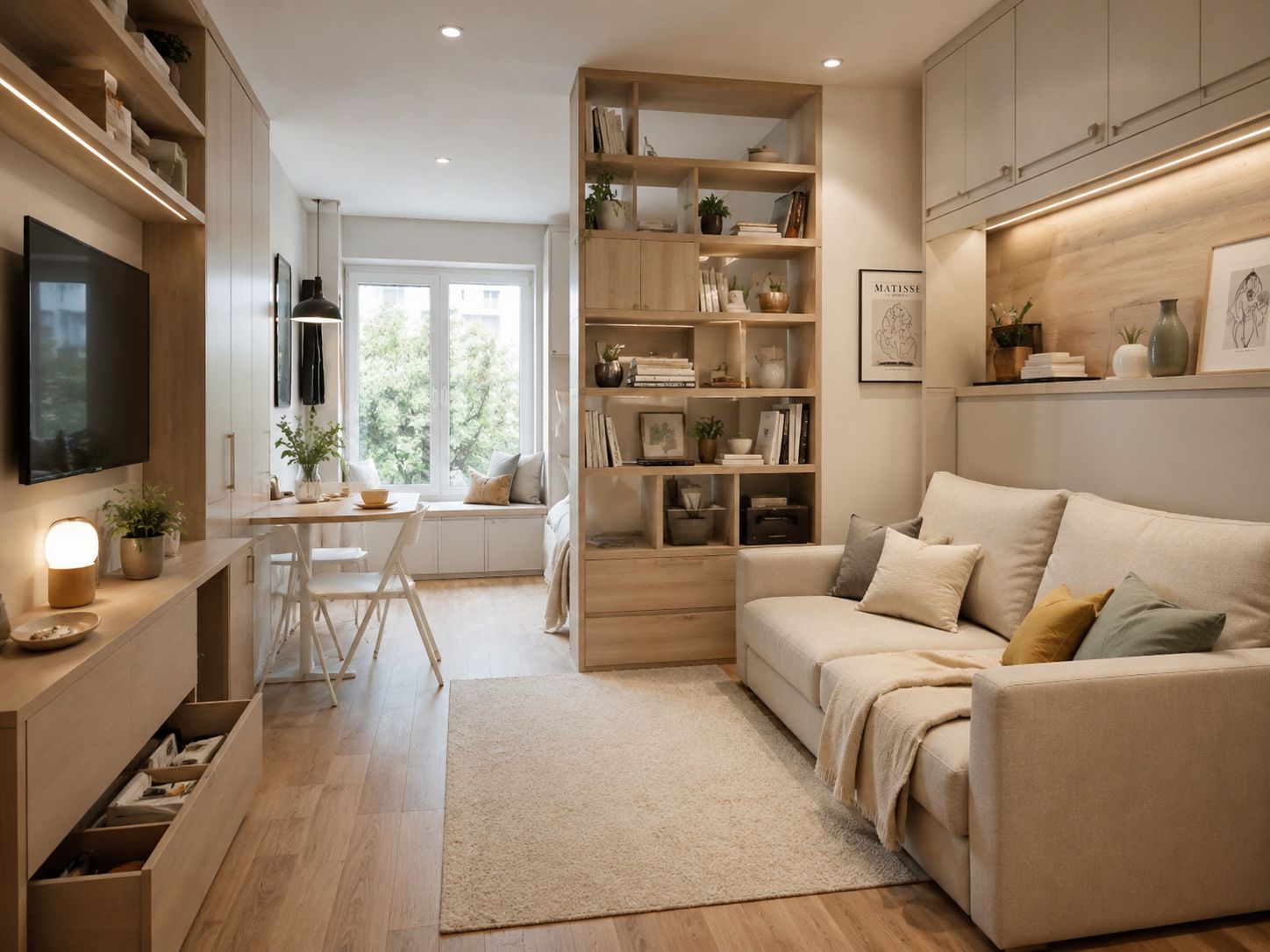 Thiết kế phòng khách căn hộ mini với sofa giường đa năng gọn gàng
