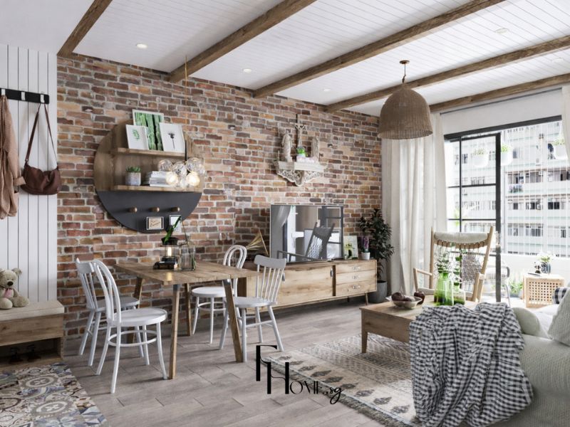 Góc nhìn tổng thể phòng khách với tường gạch thô và view thành phố