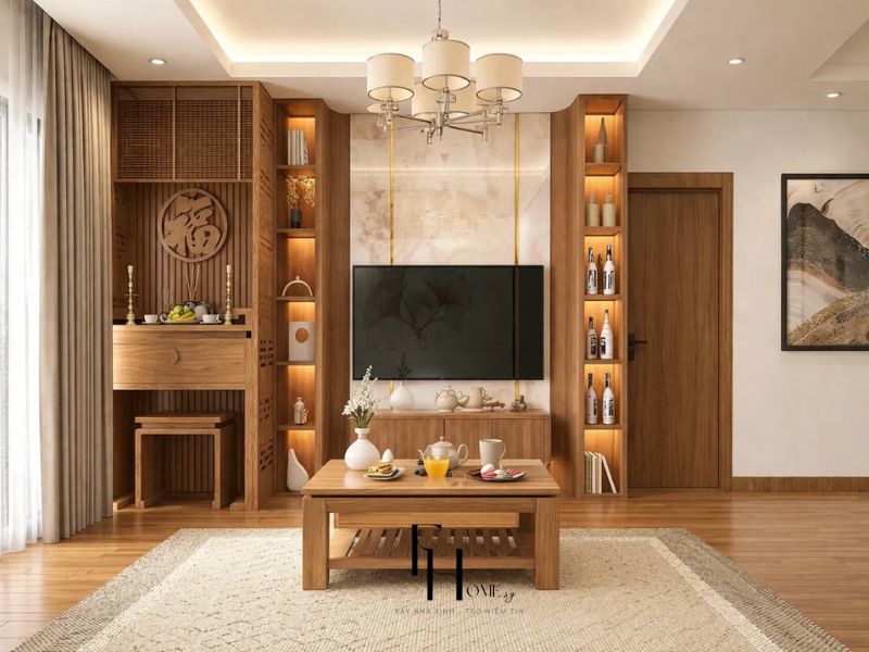 Khu vực TV phòng khách hệ tủ gỗ kết hợp bàn thờ và kệ trưng bày đèn LED trong thiết kế nội thất chung cư 90m2
