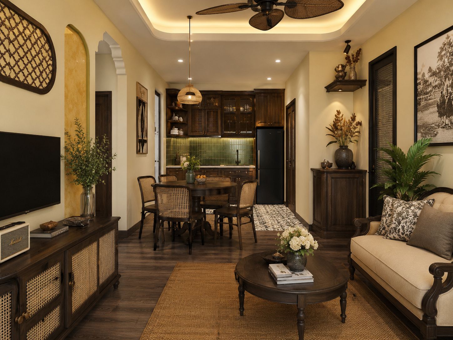 Thiết kế phòng khách chung cư nhỏ phong cách Indochine với gỗ, mây tre và họa tiết kỷ hà