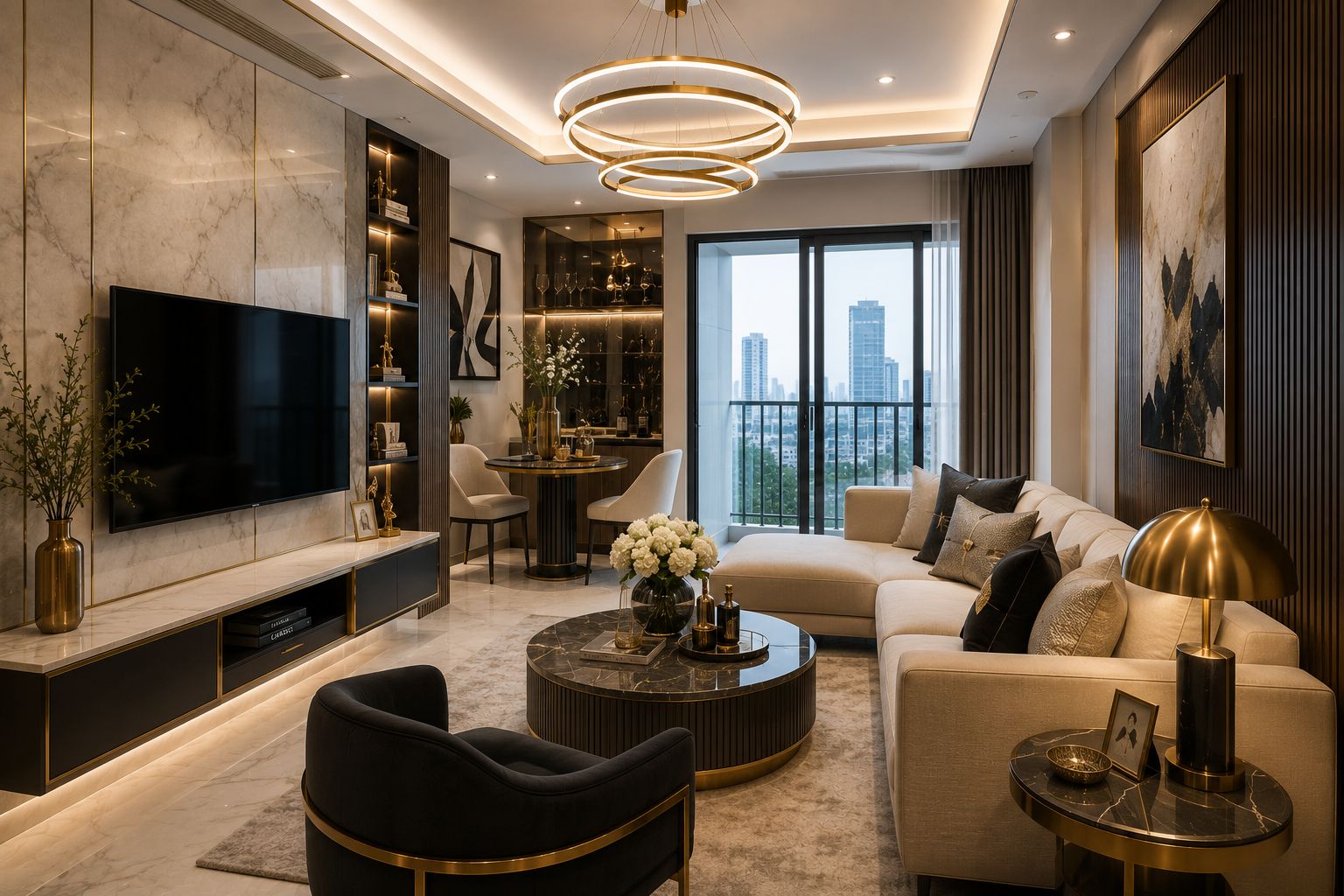 Thiết kế phòng khách Luxury chung cư nhỏ với vật liệu cao cấp như marble và mạ vàng