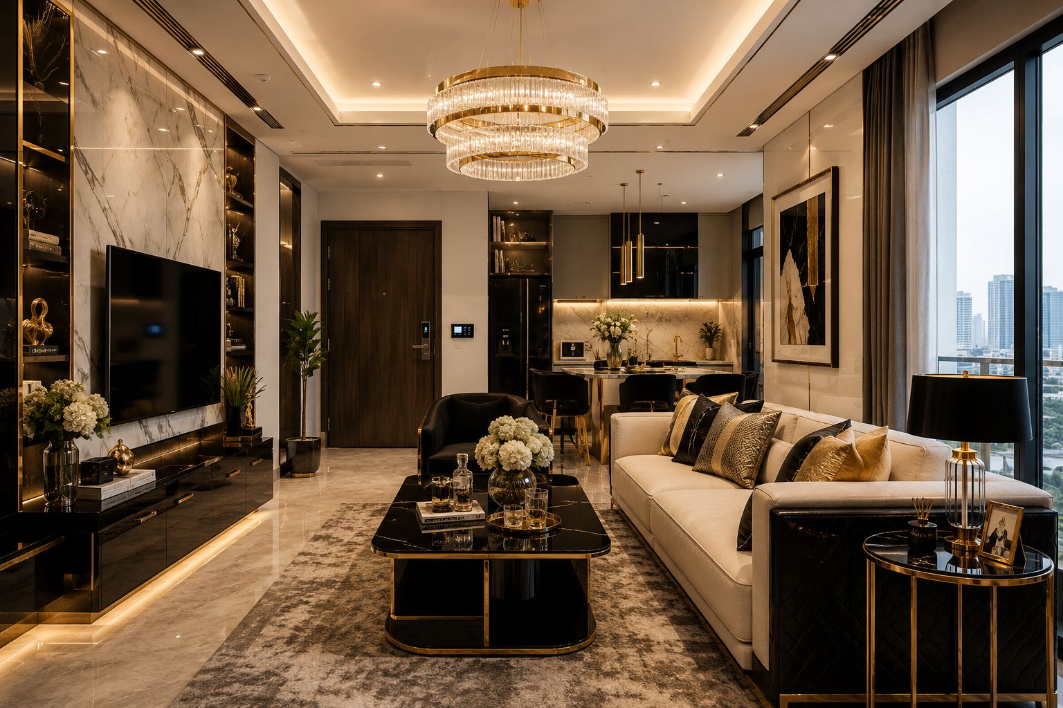 Thiết kế phòng khách phong cách Luxury chung cư nhỏ tông trắng vàng sang trọng