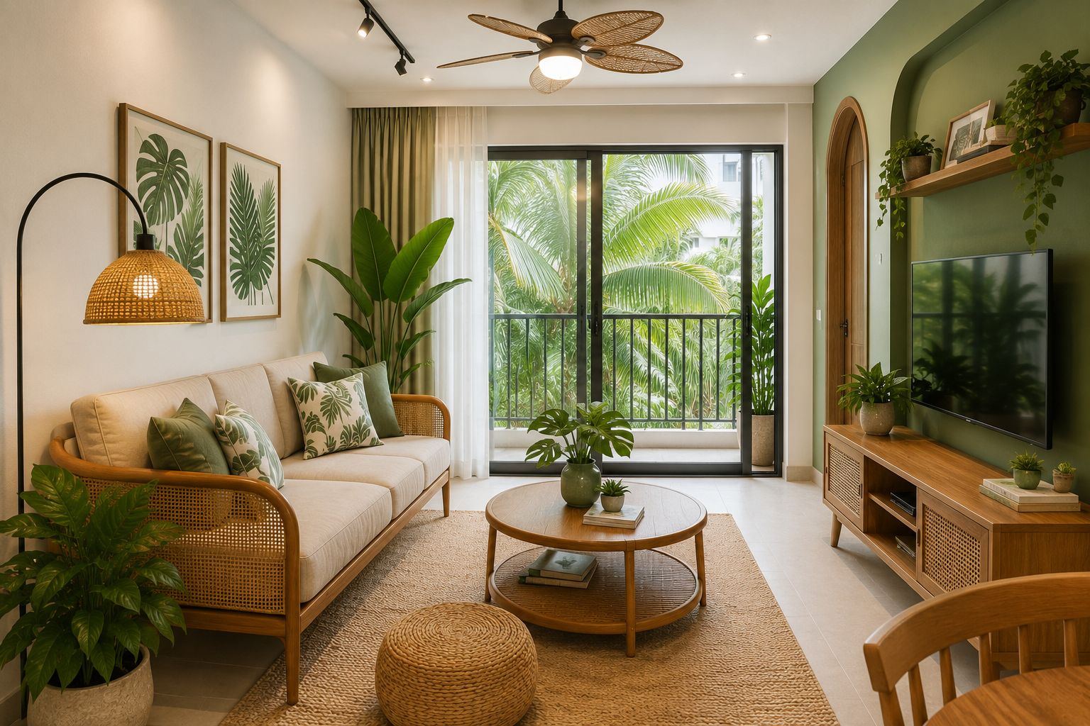 Thiết kế phòng khách phong cách Tropical tone xanh lá pastel tươi mát