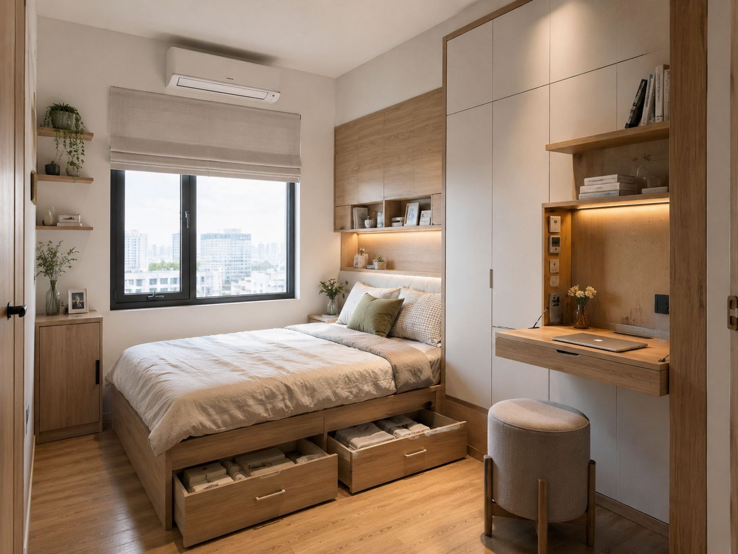 Thiết kế phòng ngủ căn hộ mini tích hợp góc làm việc tối ưu diện tích