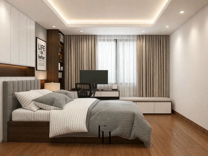 Phòng ngủ thứ 2 tủ âm tường trắng kết hợp bàn làm việc và kệ gỗ nâu trong thiết kế nội thất chung cư 90m2 3 phòng ngủ