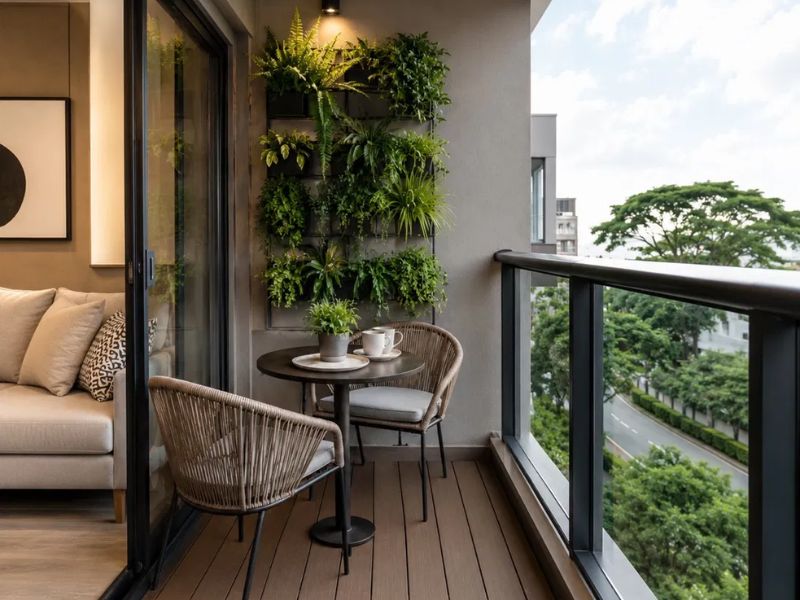 Ban công chung cư 50m2 sàn gỗ nhựa nâu tường cây xanh treo nhiều tầng bàn tròn đen 2 ghế mây đan view thành phố