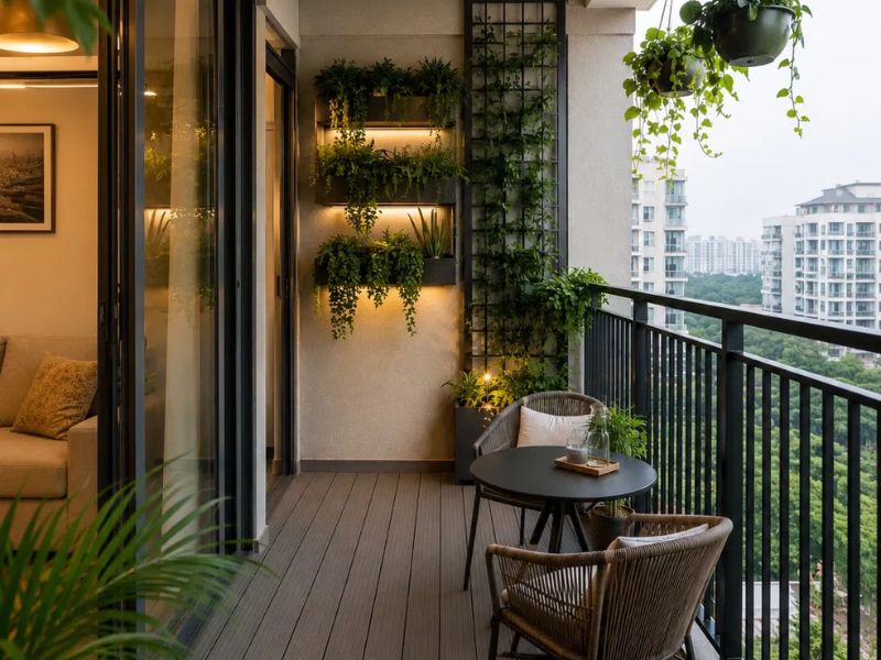 Ban công chung cư 50m2 sàn gỗ nhựa nâu giàn cây xanh treo tường đèn LED kệ cây bàn tròn đen 2 ghế mây đan view thành phố