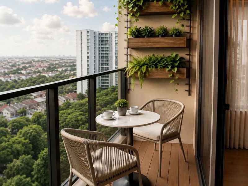 Ban công chung cư 50m2 sàn gỗ nhựa nâu kệ treo cây gỗ 3 tầng bàn tròn trắng 2 ghế mây đan view thành phố thoáng