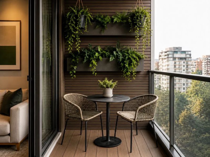 Ban công chung cư 50m2 sàn gỗ nhựa nâu tường ốp gỗ sọc ngang kệ treo cây xanh bàn tròn đen 2 ghế mây đan