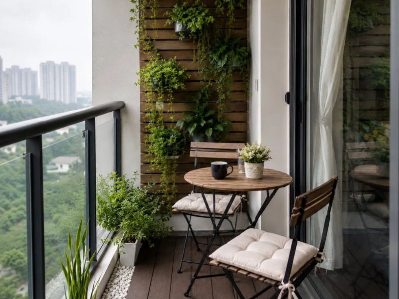 Ban công chung cư 50m2 sàn gỗ nhựa nâu đậm tường gỗ sọc cây leo bàn tròn gỗ ghế gấp sắt đen đệm be