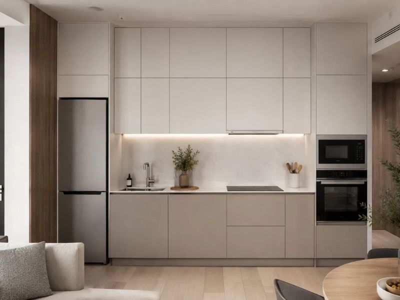 Bếp chung cư 50m2 bố cục chữ I tủ trên và dưới be xám matte cánh phẳng tủ lạnh inox lò nướng âm tủ cao ốp tường sau bếp trắng