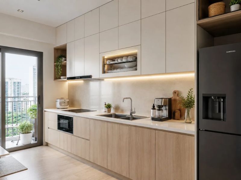 Bếp chung cư 50m2 bố cục chữ I tủ trên trắng kéo sát trần tủ dưới gỗ sồi sáng mặt bàn trắng tủ lạnh đen cửa ban công