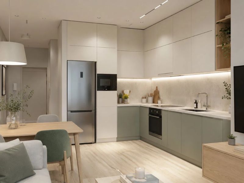Bếp chung cư 50m2 bố cục chữ L tủ trên trắng kéo sát trần tủ dưới xanh rêu matte lò nướng âm tủ cao tủ lạnh inox bàn ăn gỗ
