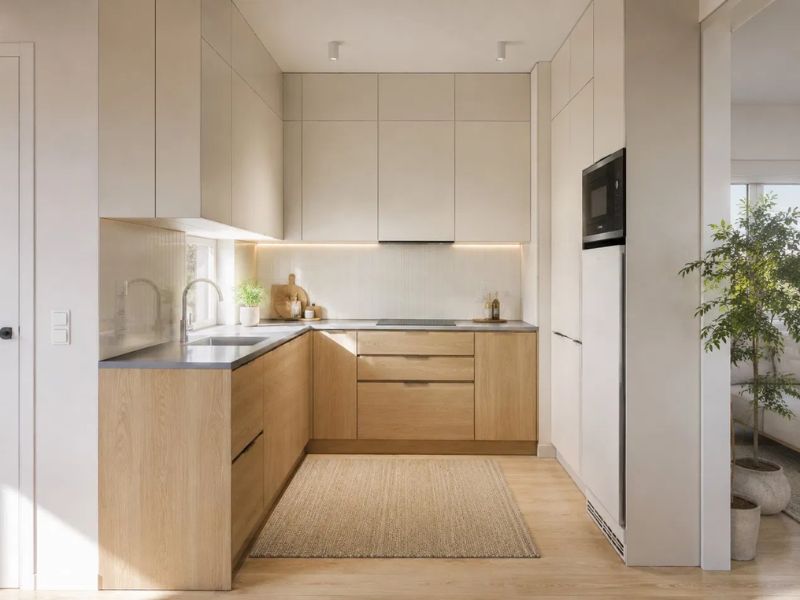 Bếp chung cư 50m2 bố cục chữ L tủ trên be trắng kéo sát trần tủ dưới gỗ sồi nhạt mặt bàn xám đá lò nướng âm tủ cao