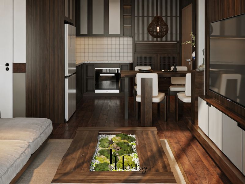 Bếp chung cư 68m2 phong cách Zen tủ gỗ óc chó cửa nan dọc, đèn thả cầu mây tre đan và bàn ăn gỗ tối ghế tựa trắng