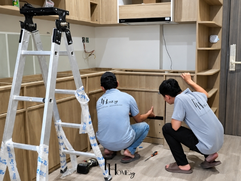 Đội thi công FHome Sài Gòn lắp đặt hệ tủ bếp gỗ công nghiệp chung cư 50m2 tại TP.HCM