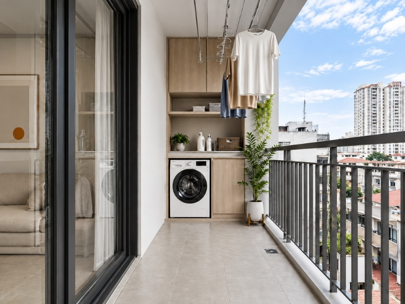 Khu vực lô gia chung cư 50m2 tích hợp hệ tủ máy giặt chống nước và giàn phơi nâng hạ