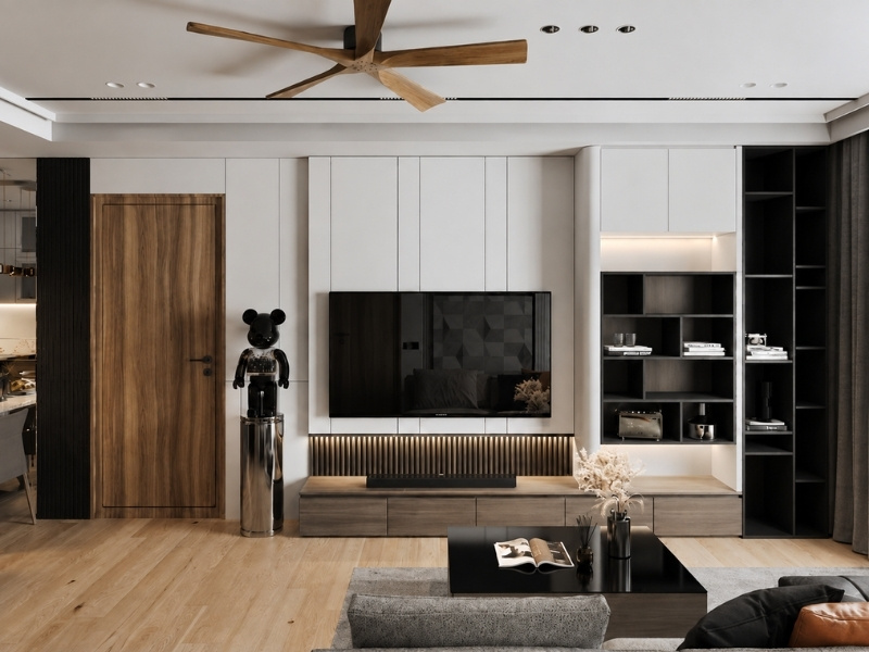 Kích thước nội thất vừa vặn chung cư 50m2 qua hệ kệ tivi kịch trần đo đóng theo diện tườn