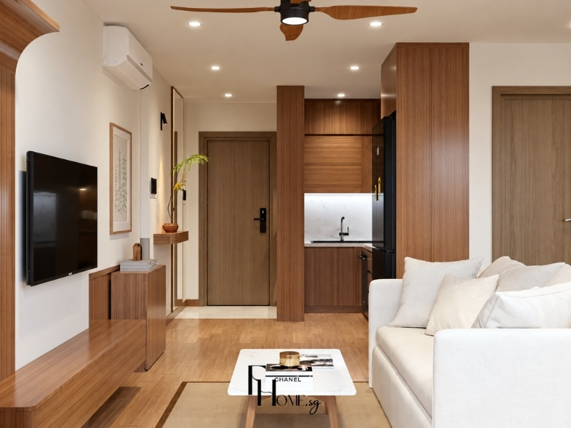 Mặt bằng không gian mở chung cư 50m2 duy trì lối di chuyển thông suốt từ cửa chính đến phòng khách