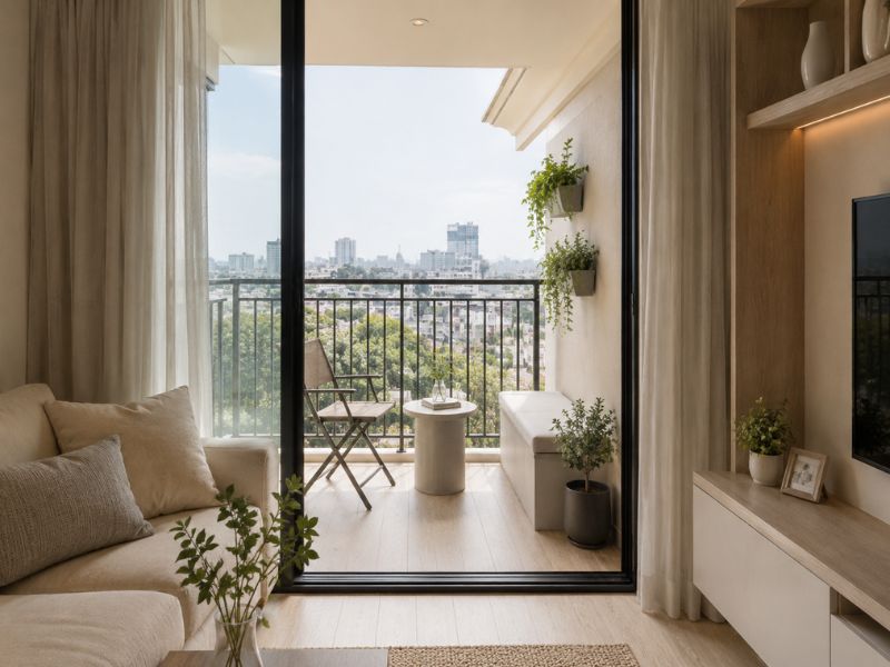 Mẫu ban công chung cư 45m2 với ghế xếp, bàn tròn nhỏ, băng ghế gọn sát tường và cây xanh treo trang trí