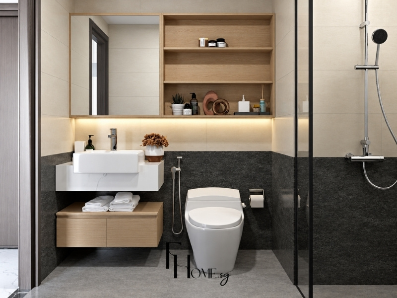 Mẫu nhà vệ sinh căn hộ 50m2 tích hợp hệ tủ gương cùng đợt kệ gỗ để đồ ngăn nắp