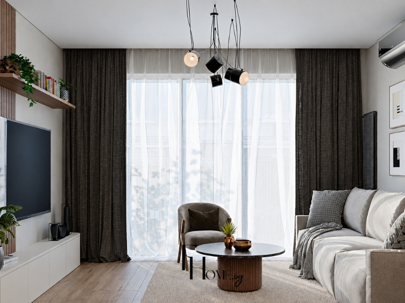Mẫu phòng khách căn hộ 50m2 1 phòng ngủ đón trọn ánh sáng tự nhiên từ ban công