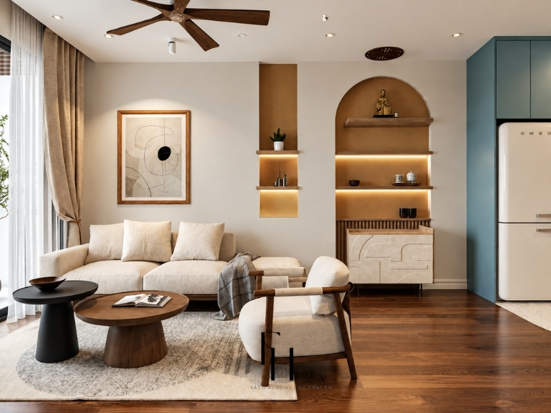 Mẫu phòng khách căn hộ 50m2 phong cách Bắc Âu bố trí sofa be cùng bàn trà đôi